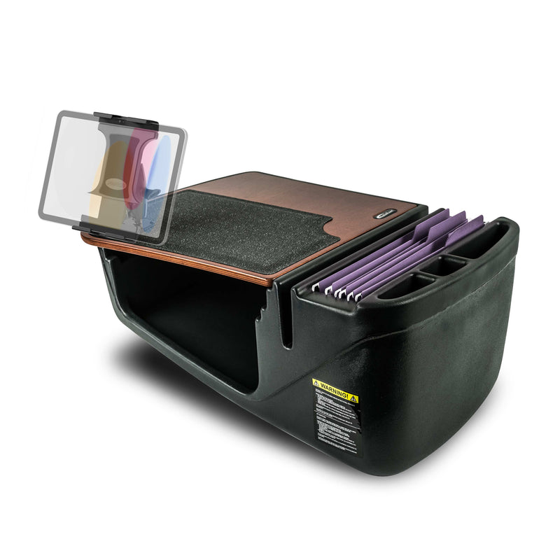 The Arkon Mounts GripMaster Efficiency Car Desk with Slim-Grip® Ultra Pro Drill-Base Mount is a black desktop organizer featuring a textured writing surface, built-in tablet holder, and designated slots for purple file folders. A transparent tablet is showcased on the left side, making this versatile accessory perfect for your car desk or office setup.