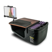 The AutoExec GripMaster Efficiency Car Desk features a black mobile workstation with a wooden desktop, an attached LockVise® Locking Tablet Holder and multi-angle mount, storage compartments, and purple file folders neatly organized on one side. This compact and portable car desk is ideal for use in vehicles or small spaces.