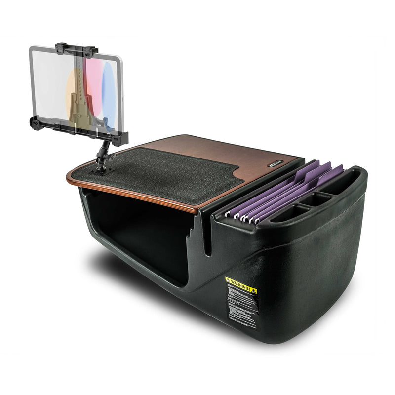 The AutoExec GripMaster Efficiency Car Desk features a black mobile workstation with a wooden desktop, an attached LockVise® Locking Tablet Holder and multi-angle mount, storage compartments, and purple file folders neatly organized on one side. This compact and portable car desk is ideal for use in vehicles or small spaces.