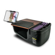 The AutoExec GripMaster Efficiency Car Desk with Slim-Grip® Ultra Pro Multi-Angle Mount by Arkon Mounts features multiple compartments, a brown writing surface, vertical file folders, cup holders, and a mounted clipboard holding colored folders on the left side—creating an efficient mobile office setup. This versatile car desk also includes a convenient tablet holder for added productivity on the go.