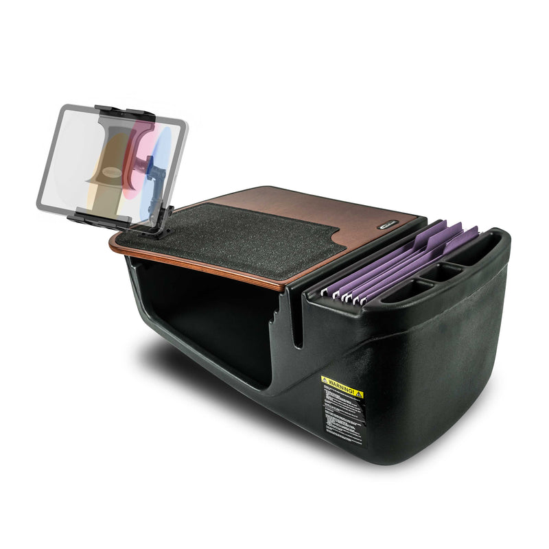 The AutoExec GripMaster Efficiency Car Desk with Slim-Grip® Ultra Pro Multi-Angle Mount by Arkon Mounts features multiple compartments, a brown writing surface, vertical file folders, cup holders, and a mounted clipboard holding colored folders on the left side—creating an efficient mobile office setup. This versatile car desk also includes a convenient tablet holder for added productivity on the go.