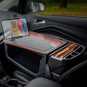 Transform your passenger seat into a productive mobile office with the AutoExec GripMaster Efficiency Car Desk featuring Arkon Mounts’ Slim-Grip® Ultra Pro Multi-Angle Mount. This setup includes a sturdy wooden car desk, a tablet with a vibrant display secured in the versatile mount, and organized file folders—ideal for working efficiently on the go.
