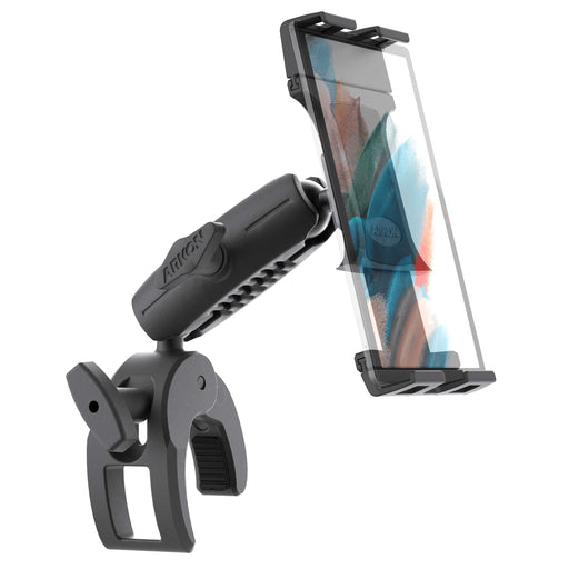 The SkyHold iPad Yoke Mount, a black adjustable clamp mount with a textured grip and rotating joint, securely attaches to various surfaces. It holds a smartphone displaying colorful artwork, making it ideal for aviation tablets or iPads.