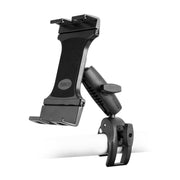 The SkyHold iPad Yoke Mount, a black adjustable aviation tablet holder with clamp base, attaches to a white horizontal pole and features pivot joints plus textured grips for secure device positioning.