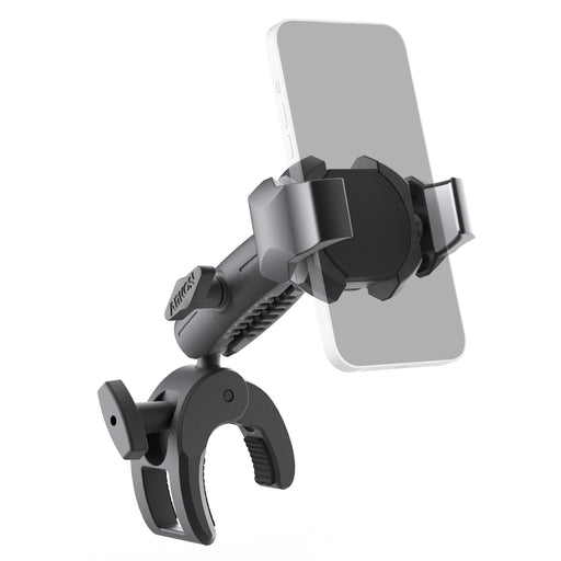 The SkyHold™ Yoke Phone Mount is a black, adjustable aviation phone holder with a clamp base and rotatable arm, designed to securely grip your smartphone—perfect as an airplane phone mount.