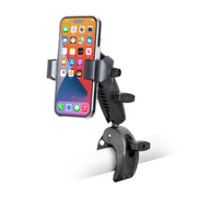 A smartphone is secured in a black SkyHold™ Yoke Phone Mount on a white cylindrical bar, showing its home screen with various app icons.