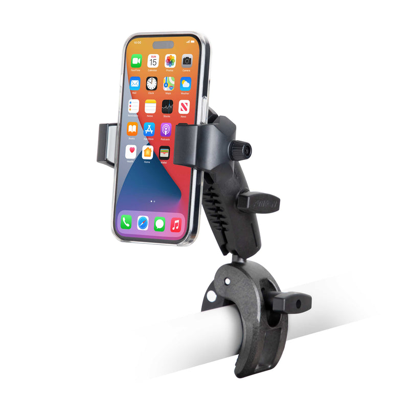 A smartphone is secured in a black SkyHold™ Yoke Phone Mount on a white cylindrical bar, showing its home screen with various app icons.