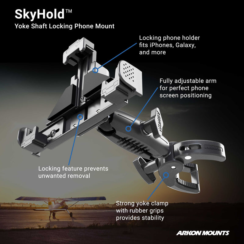 A labeled diagram of the SkyHold™ Yoke Locking Phone Mount, an aviation phone holder with adjustable arm, locking mechanism, and strong yoke clamp with rubber grips. The Arkon Mounts logo is shown at the bottom.