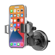 A smartphone is held securely in the SkyHold™ Windshield Suction Phone Mount, featuring a black adjustable design. Its strong suction cup base ensures stability, while colorful app icons are visible on the phone screen.