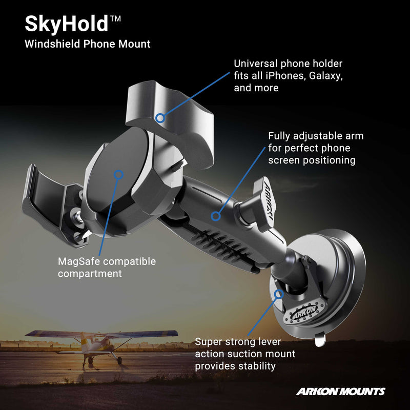 The SkyHold™ Windshield Suction Phone Mount in black features a universal holder, MagSafe-compatible compartment, fully adjustable arm, and strong lever-action suction mount. SkyHold and Arkon Mounts logos are visible.