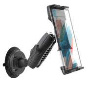 The SkyHold™ Windshield Tablet Mount, shown in black with an adjustable arm, secures a smartphone in a clear case and is angled neatly against a white background.