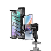 A phone and a tablet are mounted side by side in Arkon Mounts’ Robust® Shaft Phone & Tablet Holder Pedestal for Camera Tripods (featuring RoadVise® + Slim-Grip®), shown in black and attached to a tripod, with semi-transparent overlays highlighting the device positions.
