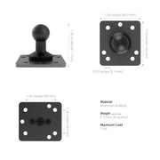Three views of the XMS 20mm AMPS Adapter Plate, a black metal bracket with a 20mm ball adapter and AMPS mounting pattern. Specs: 1.96x2.16 plate, 1.62 height, weighs 0.10 lbs, supports up to 2 lbs.