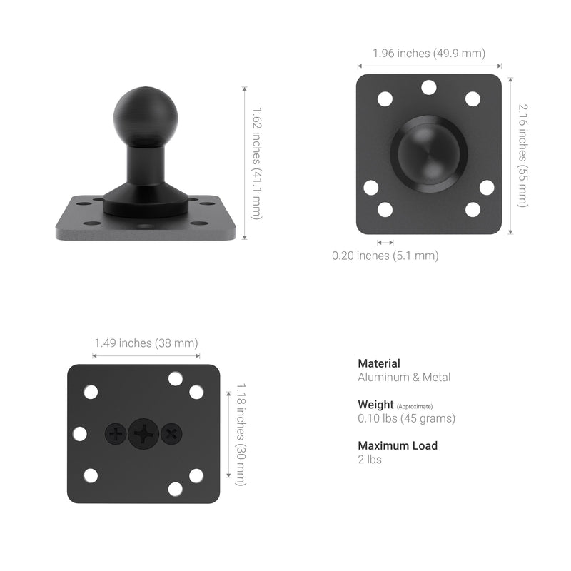 Three views of the XMS 20mm AMPS Adapter Plate, a black metal bracket with a 20mm ball adapter and AMPS mounting pattern. Specs: 1.96x2.16 plate, 1.62 height, weighs 0.10 lbs, supports up to 2 lbs.