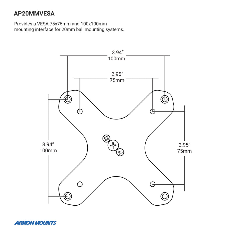 Diagram of the Heavy-Duty Multi-Angle Drill-Base Mounting Pedestal for VESA 75/100 devices, showing labeled 75x75mm and 100x100mm hole patterns with four mounting holes per arm—perfect for 20mm ball multi-angle arm systems. Arkon Mounts logo shown.