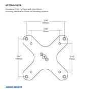 Technical drawing of the VESA 75 / VESA 100 to 25mm Ball Mount Bracket Adapter shows a cross-shaped plate with arms and marked dimensions of 3.94 (100mm) and 2.95 (75mm) for VESA 75x75mm and 100x100mm compatibility.