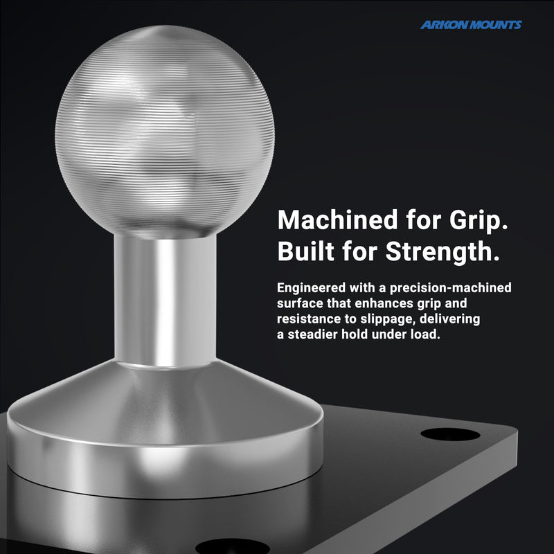 A Metal 4-Hole AMPS Mounting Base with 17mm Ball from Arkon Mounts is displayed, showcasing its textured metallic ball on a sturdy black base. Text emphasizes its superior grip, strength, and engineered resistance to slippage. The Arkon Mounts logo appears in the top right corner.