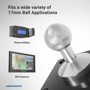 Arkon Mounts Metal 4-Hole AMPS Mounting Base with 17mm Ball shown holding a phone holder and a GPS device. Text reads, Fits a wide variety of 17mm ball applications, making it perfect for creating a custom mounting setup. Arkon Mounts logo displayed.