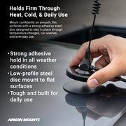 A hand places a car antenna onto the Arkon Mounts 90mm VHB Adhesive Steel Disc, which is attached to a car roof. Text highlights the steel disc’s strong VHB adhesive, weather resistance, low profile, and durability.