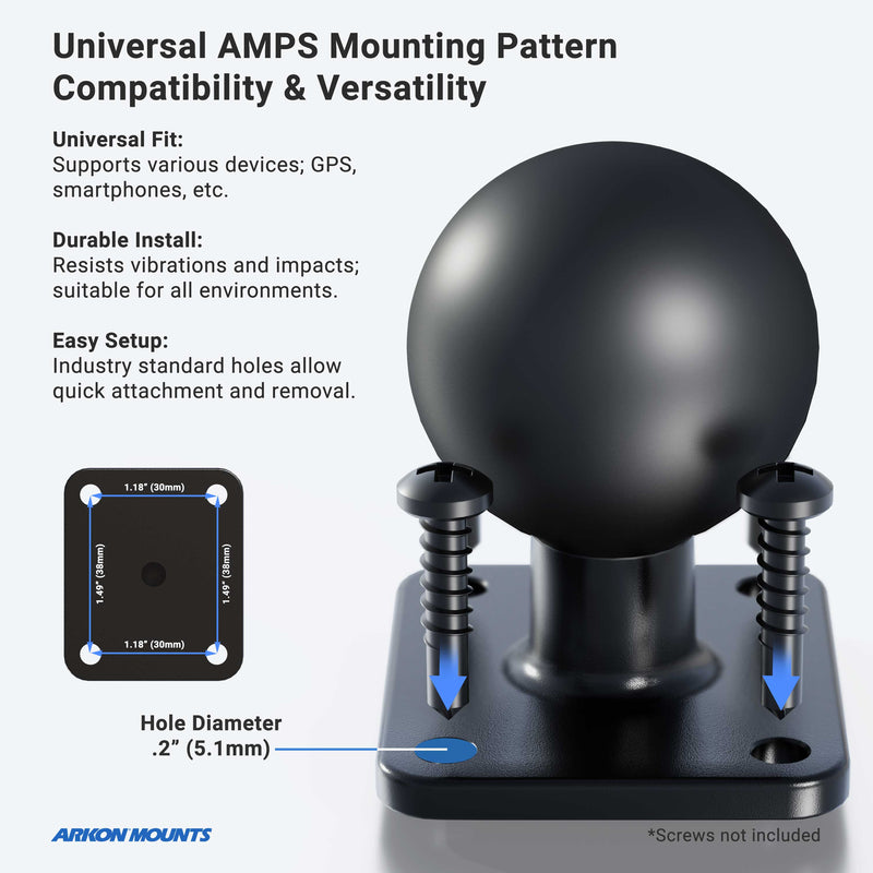 A diagram of the Metal 4-Hole AMPS to 38mm (1.5 inch) Ball Adapter displays a ball joint, four screw holes with labeled dimensions, screws, and text highlighting compatibility with Arkon Robust Series Mount and RAM Mount.