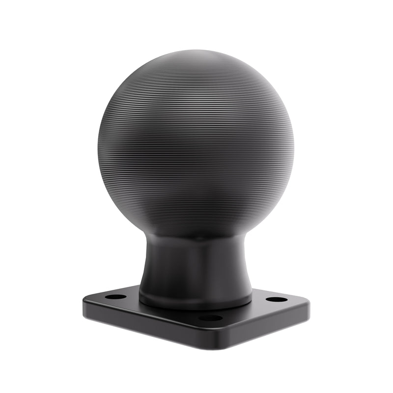 The Arkon Mounts XMS™ Heavy-Duty 2.25” / 57mm Metal Ball to AMPS Mounting Plate is a black, textured spherical mounting solution featuring a 2.25” (57mm) ball and a square base with four screw holes, ideal for heavy-duty installations and shown isolated on a white background.
