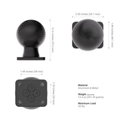 Arkon Mounts XMS™ Heavy-Duty 2.25” / 57mm Metal Ball to AMPS Mounting Plate shown in black, with dimensions labeled in both top and side views. Constructed from aluminum and metal, it weighs 12.4 oz (351.53 g) and supports a maximum load of 20 lbs. Features include a robust ball-and-socket mount with a 2.25” (57mm) ball mounting plate and an AMPS-compatible plate for versatile installation options; detailed measurements are provided for reference.