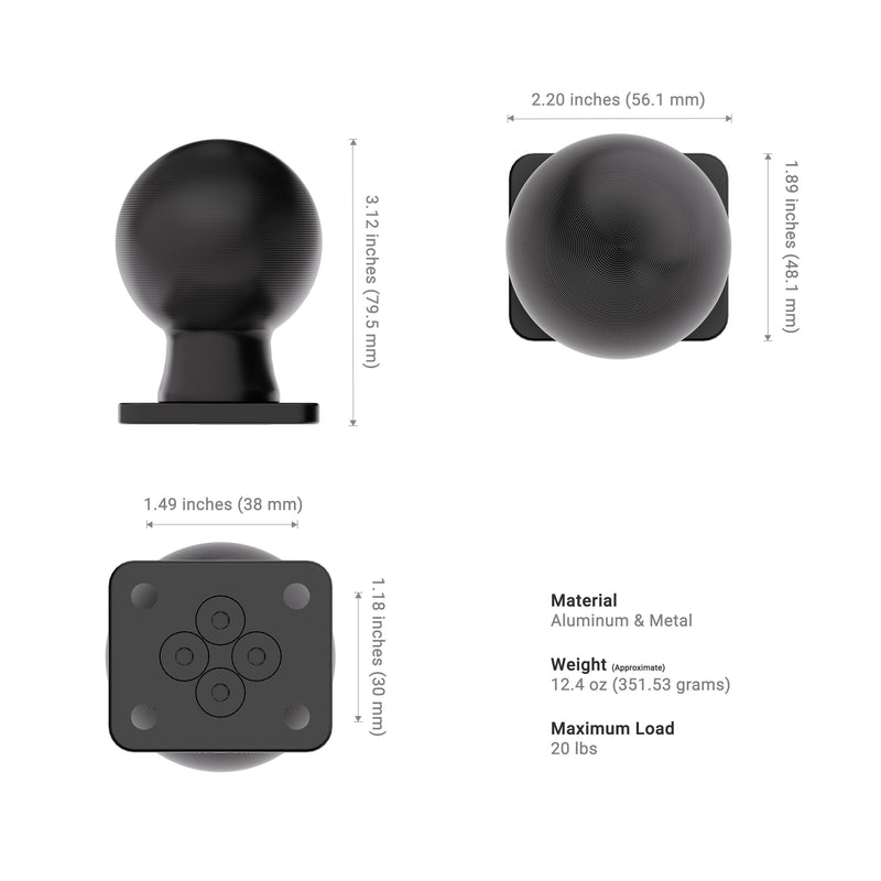 Arkon Mounts XMS™ Heavy-Duty 2.25” / 57mm Metal Ball to AMPS Mounting Plate shown in black, with dimensions labeled in both top and side views. Constructed from aluminum and metal, it weighs 12.4 oz (351.53 g) and supports a maximum load of 20 lbs. Features include a robust ball-and-socket mount with a 2.25” (57mm) ball mounting plate and an AMPS-compatible plate for versatile installation options; detailed measurements are provided for reference.