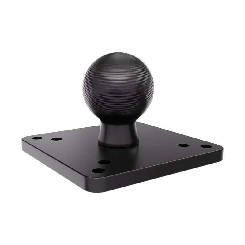 The XMS™ Heavy-Duty 2.25” / 57mm Metal Ball to VESA Mounting Plate is a black metal base plate featuring a round 2.25″ ball-to-VESA mounting plate at the center and four corner screw holes, designed for securely mounting devices or components.