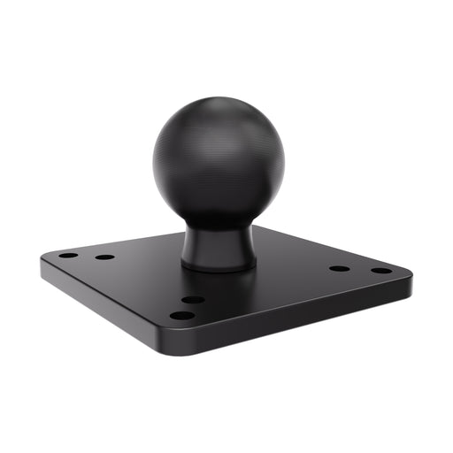 The XMS™ Heavy-Duty 2.25” / 57mm Metal Ball to VESA Mounting Plate is a black metal base plate featuring a round 2.25″ ball-to-VESA mounting plate at the center and four corner screw holes, designed for securely mounting devices or components.