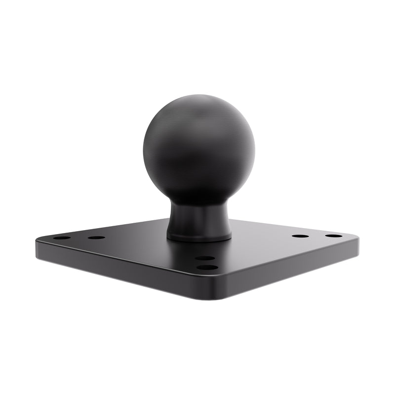 Introducing the XMS™ Heavy-Duty 2.25” / 57mm Metal Ball to VESA Mounting Plate, a black metal mounting plate featuring a central spherical ball joint and four corner holes. Designed for use in heavy-duty display mount applications, this component serves as a reliable 2.25″ ball-to-VESA mounting solution and is fully compatible with the XMS modular system. The product is shown isolated on a white background.
