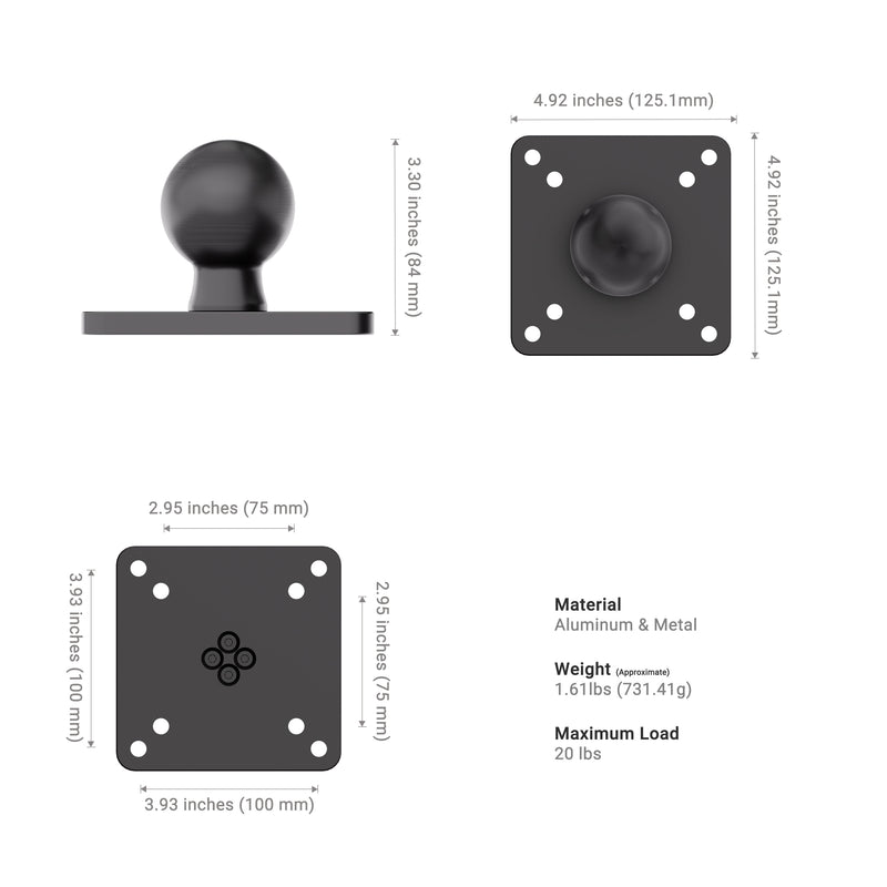 Black metal bracket with dimensions and specifications on a white background