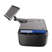 A black desktop organizer with multiple compartments, holding blue and gray cards, features an attached adjustable tablet or phone holder arm on the left side—perfect for transforming your car workspace into an organized haven when paired with your Arkon Mounts AutoExec Reach Front Seat Car Desk.