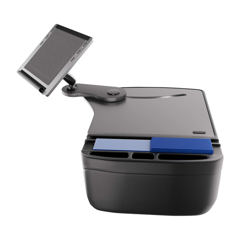 A black desktop organizer with multiple compartments, holding blue and gray cards, features an attached adjustable tablet or phone holder arm on the left side—perfect for transforming your car workspace into an organized haven when paired with your Arkon Mounts AutoExec Reach Front Seat Car Desk.