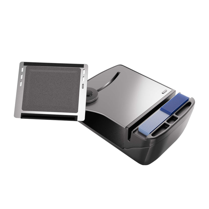 A black card shuffler machine with a side tray extended, holding blue-backed playing cards partially inserted. Perfect for use on your Arkon Mounts AutoExec Reach Front Seat Car Desk, the tray appears ready for shuffled cards to be dispensed—making it an ideal accessory for any traveling workspace or autoexec desk setup.