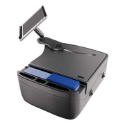 An AutoExec Reach Front Seat Car Desk by Arkon Mounts is shown from a rear angle, featuring a black electronic device with a touchscreen display mounted on an adjustable arm, a document tray, and blue folders neatly organized in slots.