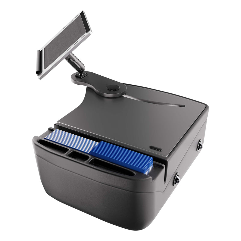 An AutoExec Reach Front Seat Car Desk by Arkon Mounts is shown from a rear angle, featuring a black electronic device with a touchscreen display mounted on an adjustable arm, a document tray, and blue folders neatly organized in slots.