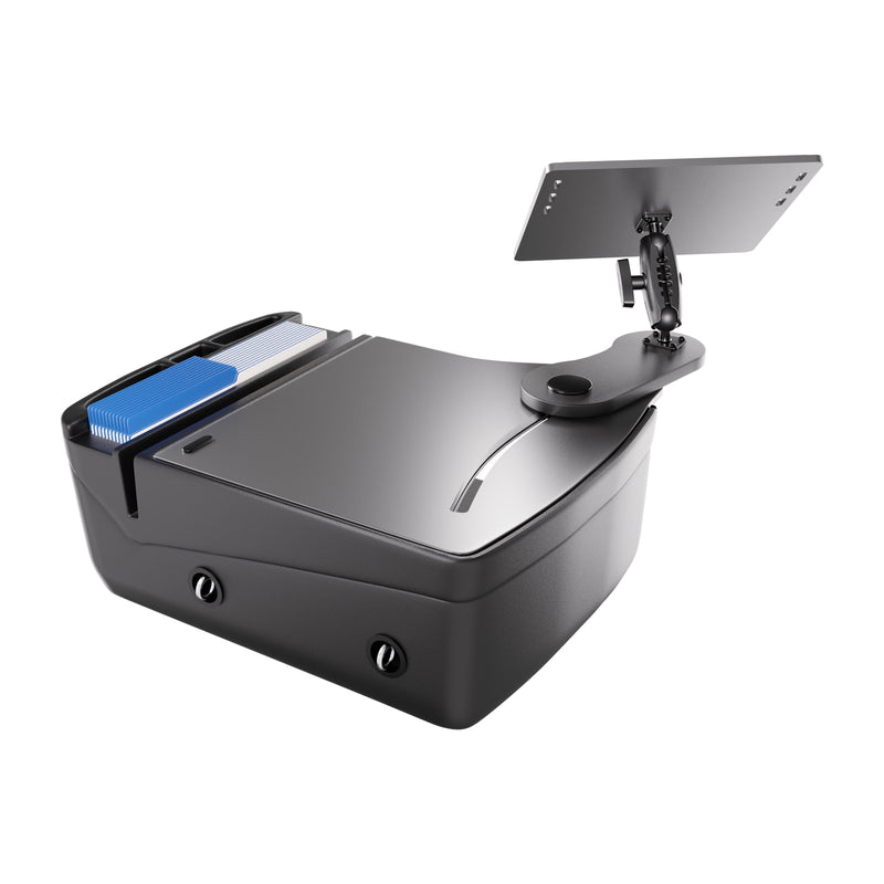 A sleek, black AutoExec Reach Front Seat Car Desk by Arkon Mounts features a control panel, card slot, and an adjustable mounted screen or tablet stand on one side—perfect for turning your vehicle into a functional workspace or integrating seamlessly with your AutoExec Reach Desk.