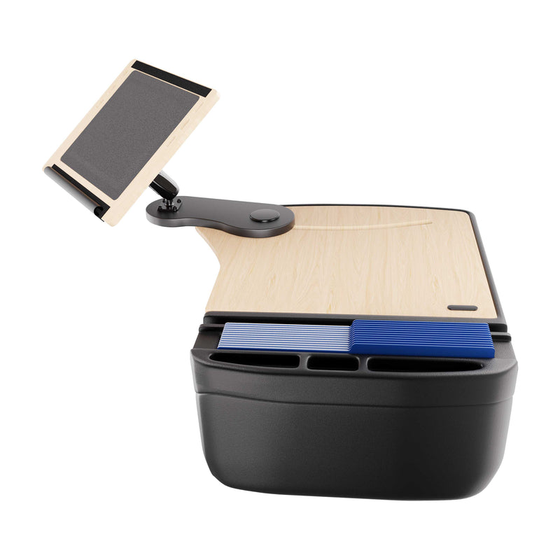 The Arkon Mounts AutoExec Reach Front Seat Car Desk features a light wood surface, adjustable tablet stand, storage compartments, and slots for blue file folders, all set in a sturdy black base—making it the ideal portable workspace for those who need convenience on the go.