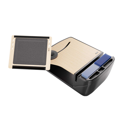 Experience sophistication and enhanced productivity on the go with the AutoExec Reach Front Seat Car Desk by Arkon Mounts—a modern workspace solution featuring an elegant wooden tray, sleek black base, and neatly organized card decks beside the shuffling area, perfect for elevating your traveling office.