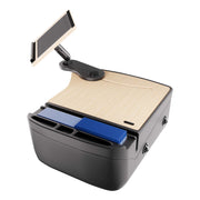 The AutoExec Reach Front Seat Car Desk by Arkon Mounts is a portable black storage box featuring multiple compartments, a wooden top surface, an integrated tablet or phone holder, and a section for blue file folders—ideal for staying organized and productive as your traveling workspace or car desk on the go.