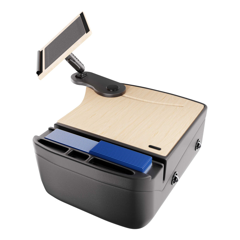The AutoExec Reach Front Seat Car Desk by Arkon Mounts is a portable black storage box featuring multiple compartments, a wooden top surface, an integrated tablet or phone holder, and a section for blue file folders—ideal for staying organized and productive as your traveling workspace or car desk on the go.