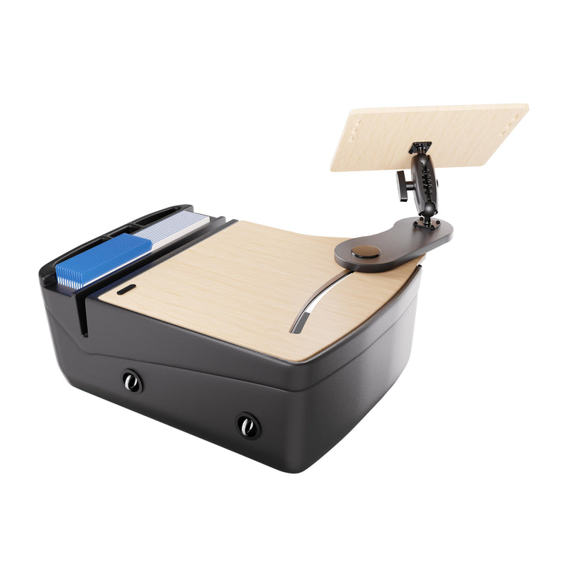 The Arkon Mounts AutoExec Reach Front Seat Car Desk is a compact, modern workspace featuring a light wood surface, adjustable arm, built-in lens, and convenient blue storage compartments—ideal for creating a versatile mobile office or pairing with your car desk for seamless presentations on the go.