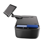 Featuring a modern, compact design, the Arkon Mounts tabletop card shuffler in sleek black comes equipped with a touchscreen display and two trays holding blue and white playing cards—making it the perfect companion for the AutoExec Reach Front Seat Car Desk, offering convenient gaming in your car workspace or on-the-go setup.