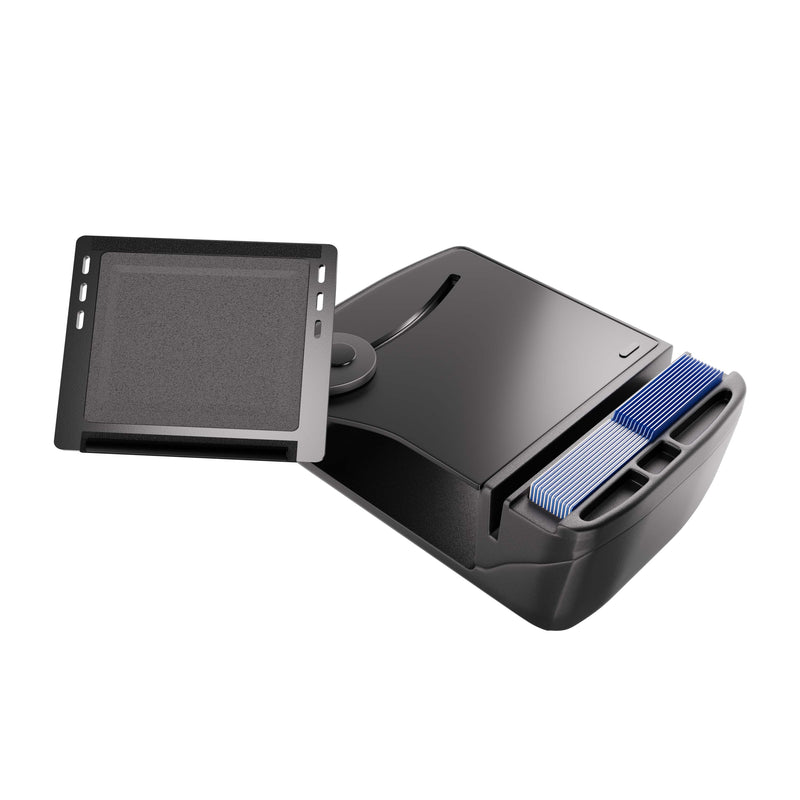 The Arkon Mounts AutoExec Reach Front Seat Car Desk features a sleek black design with a flat digital drawing tablet platform and a side compartment for organizing blue and white cards or sheets. This modern setup is the perfect mobile workspace for digital or creative professionals working on the go.