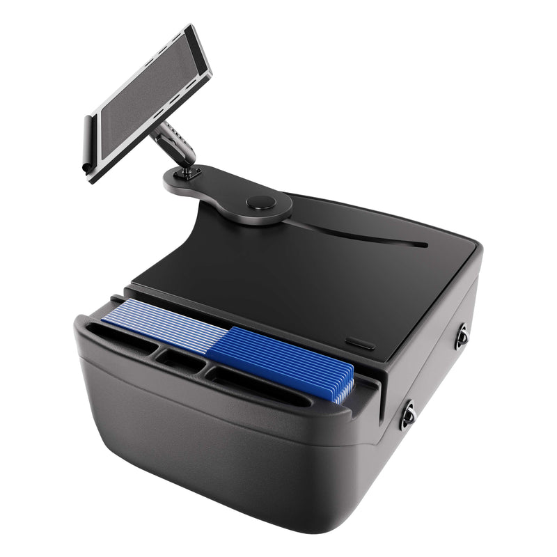A black and blue cash drawer with an attached touchscreen display on an adjustable arm, designed for point-of-sale transactions, is ideal for use as a car workspace when paired with the Arkon Mounts AutoExec Reach Front Seat Car Desk or other car desk solutions.