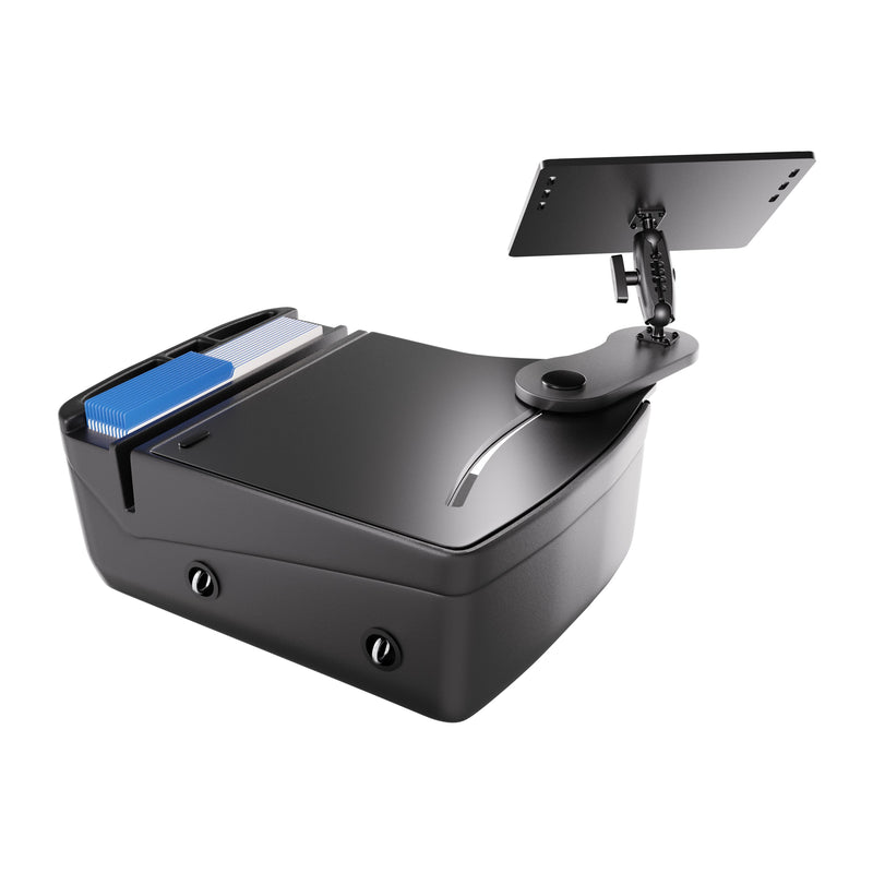 The Arkon Mounts AutoExec Reach Front Seat Car Desk features a sleek black electronic device with a tilting screen attached by an adjustable arm, convenient card slots, and front-facing buttons—making it ideal as a point-of-sale or identification terminal in your car workspace. Its versatile design integrates perfectly with the AutoExec Reach Desk or any car desk setup, delivering seamless on-the-go functionality for busy professionals.