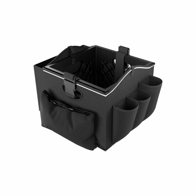 The Portable Crate Workstation with Apron Organizer – Choose Your Mounting Setup is a black square organizer featuring side pockets, a front pouch, and an open-top design with dividers and straps, making it ideal for storing or carrying multiple items while providing convenient device mounting options for a versatile mobile workstation.