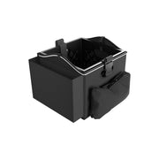 Introducing the Portable Crate Workstation with Apron Organizer – Choose Your Mounting Setup: This black, rectangular pet carrier features soft sides, a mesh interior, and a zippered side pocket. Designed for convenience and organization on the go, it offers a top opening with reflective trim and an easy-carry strap. Its versatile design makes traveling with your pet more streamlined and efficient.
