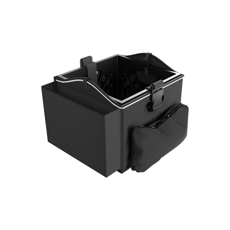 Introducing the Portable Crate Workstation with Apron Organizer – Choose Your Mounting Setup: This black, rectangular pet carrier features soft sides, a mesh interior, and a zippered side pocket. Designed for convenience and organization on the go, it offers a top opening with reflective trim and an easy-carry strap. Its versatile design makes traveling with your pet more streamlined and efficient.