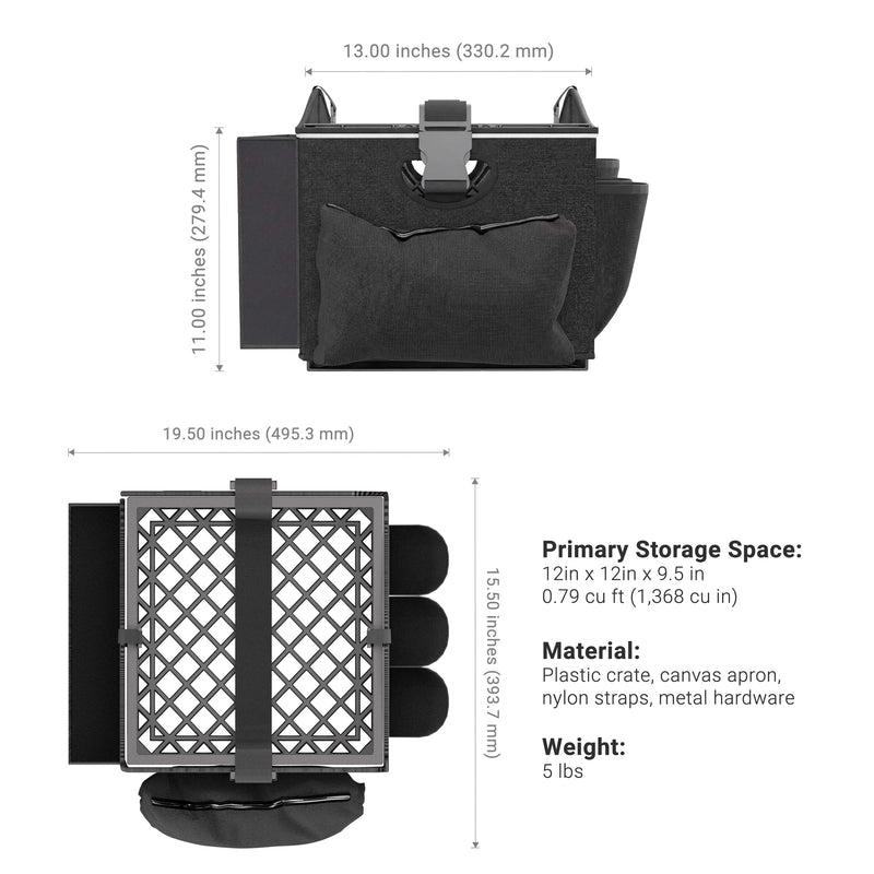 The Portable Crate Workstation with Apron Organizer – Choose Your Mounting Setup is a black storage case featuring a mesh cover, side pockets, and convenient straps. Ideal for use as a portable or mobile workstation, it offers primary storage space measuring 12x12x9.5 inches and weighs 5 lbs. Dimensions and materials are detailed in the product listing.